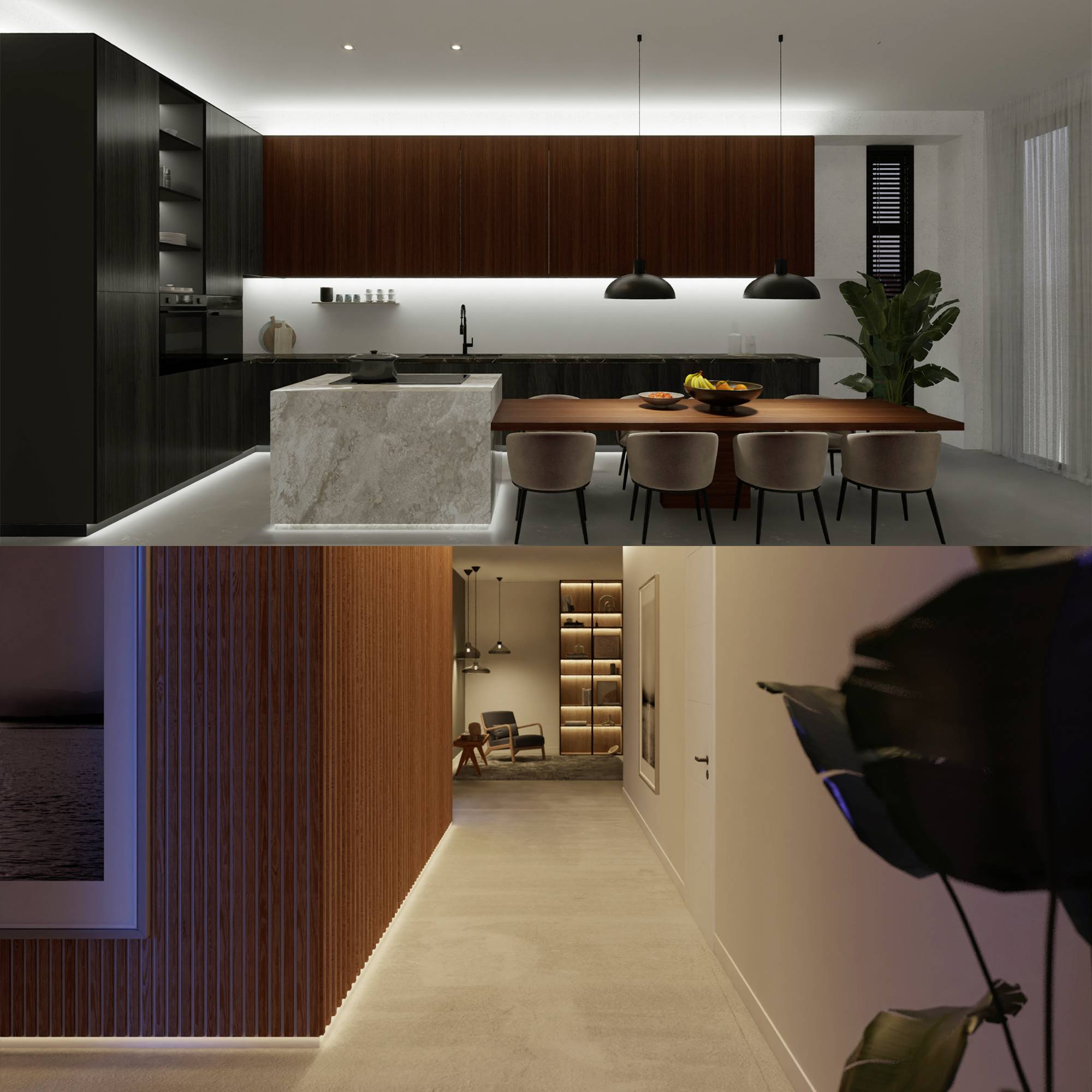 Cucina moderna con mobili scuri e un lungo tavolo da pranzo con sedie. Pianta aperta, colori neutri e illuminazione soffusa.