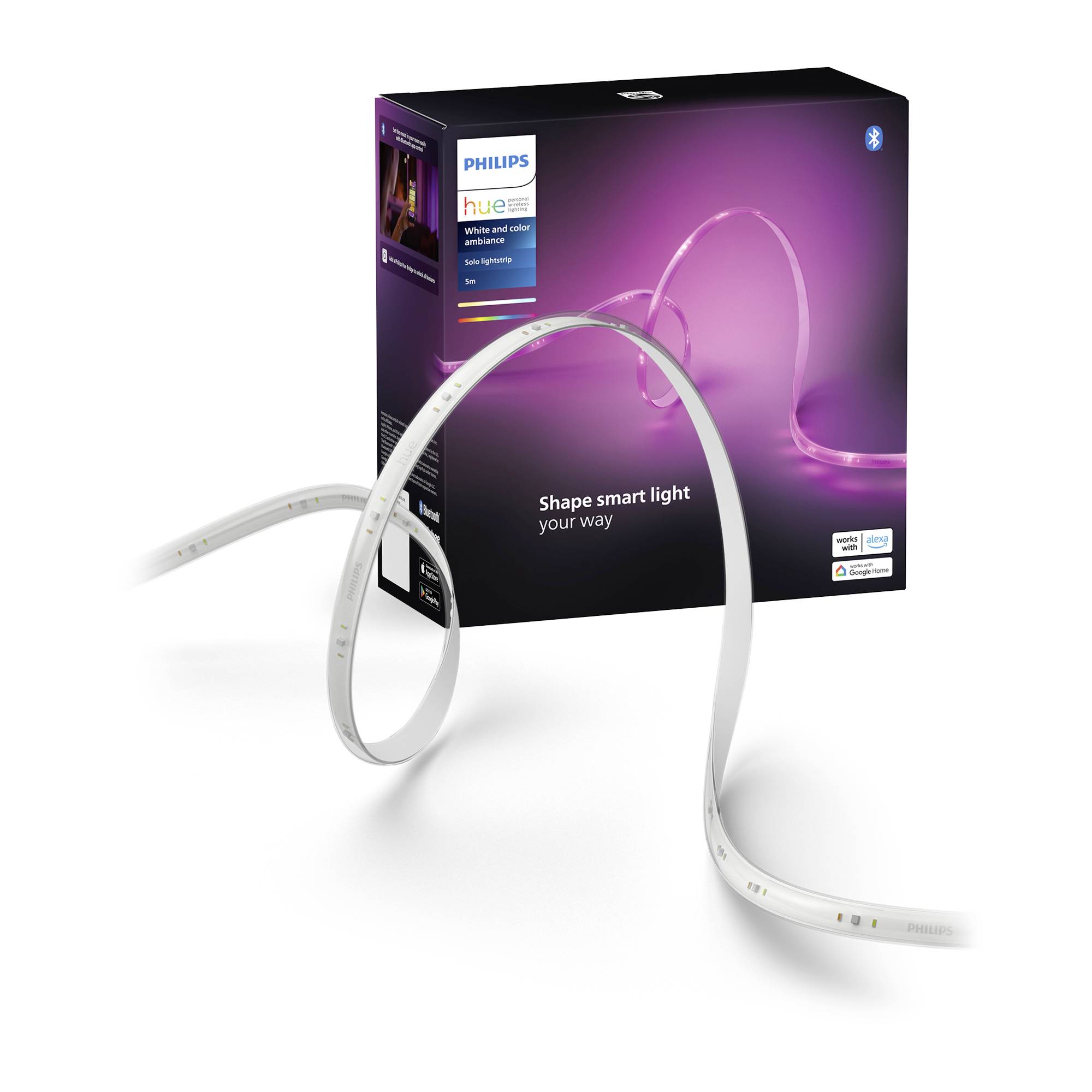 Una confezione di Philips Hue Lightstrip con una striscia LED a serpentina accanto. Testo: 'Illumina in modo intelligente il tuo spazio'.