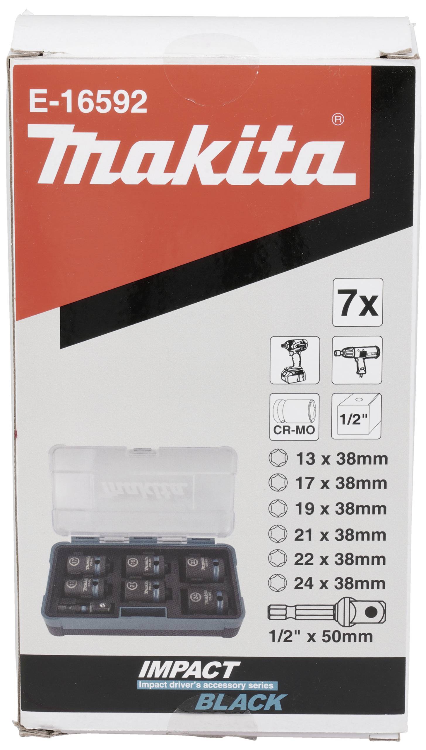 Set di utensili Makita E-16592, contiene 7 pezzi: bussole di varie misure (13-24 mm) e un adattatore da ½ pollice, in una scatola.