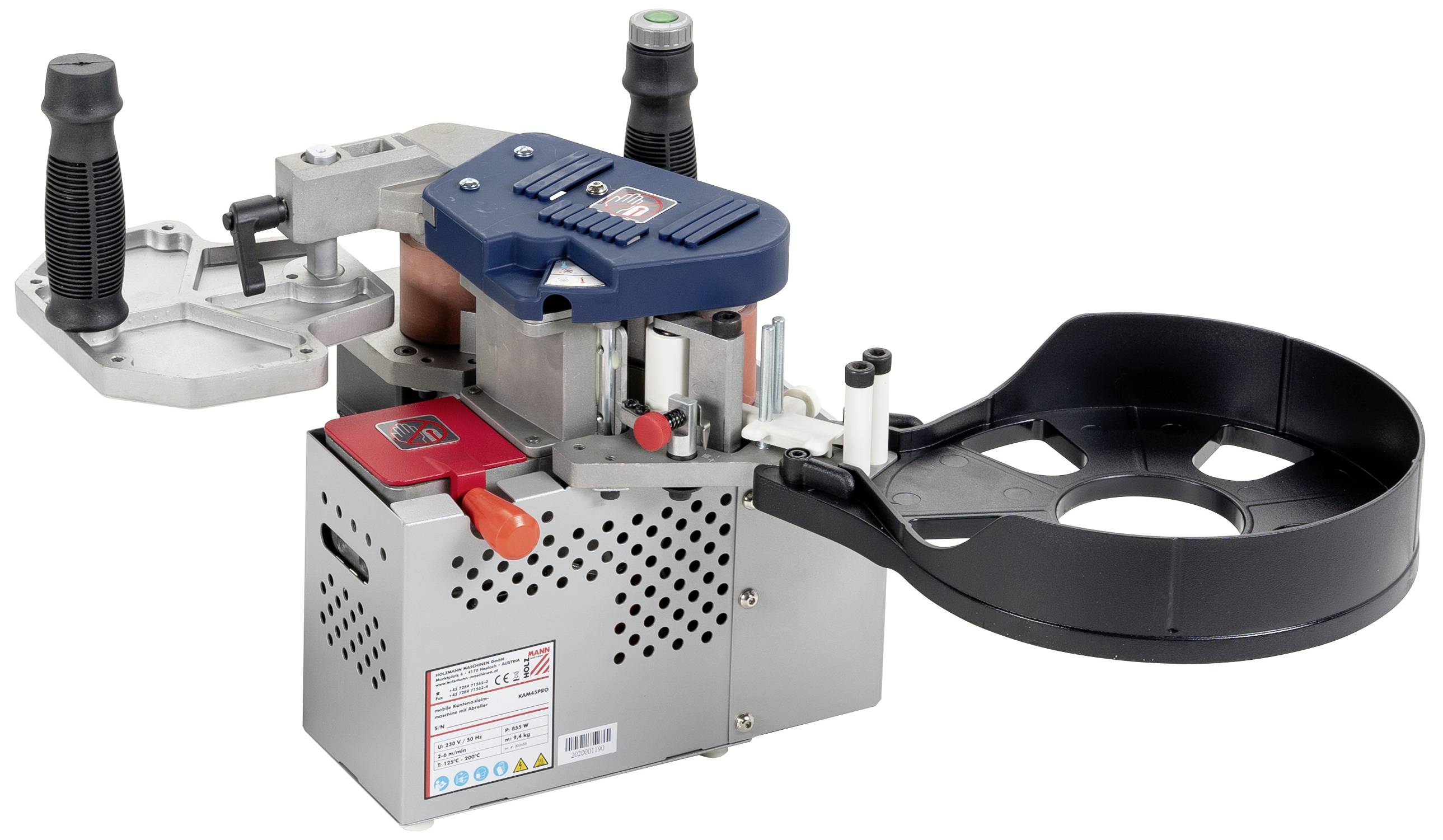 Macchina portatile per incollaggio dei bordi con involucro blu e supporto per rulli, adatta all'applicazione di materiale per bordatura su bordi di mobili.