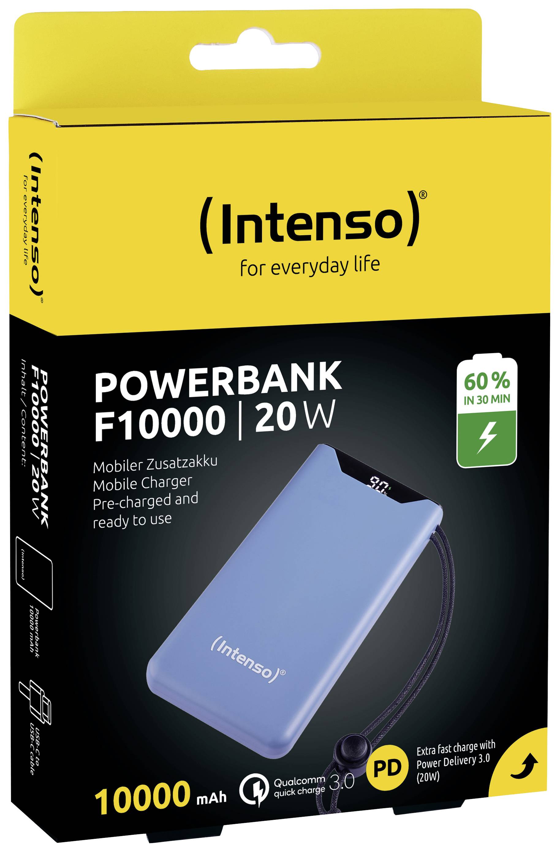 Intenso Powerbank F10000, 20W, raffigurato su confezione gialla. 60% di carica in 30 minuti, 10.000 mAh. USB-C, ricarica rapida.