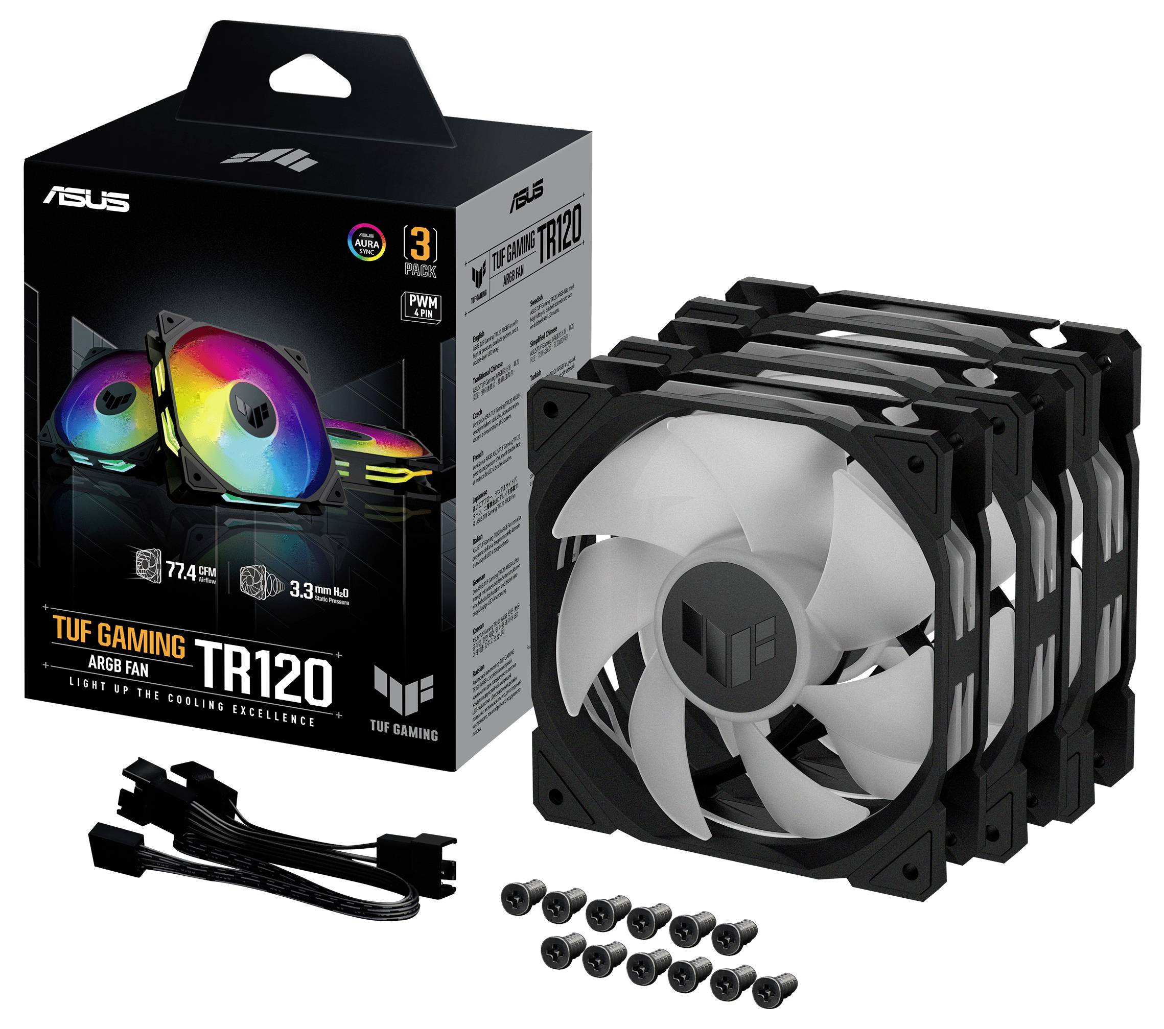 Tre ventole nere per PC con illuminazione RGB, confezionate in una scatola con accessori, tra cui viti e cavi. Il nome del marchio è visibile.
