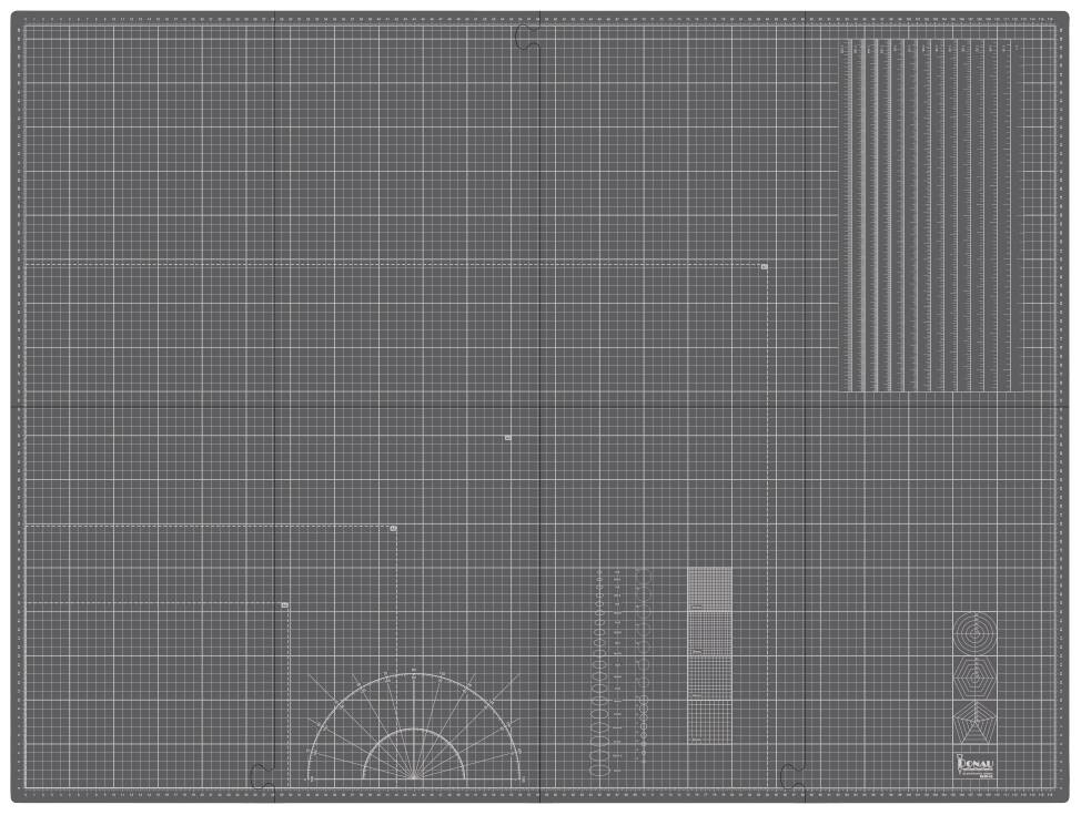 Tappetino da taglio grigio con linee a griglia, scala degli angoli in basso a sinistra e misure quadrate a destra; utilizzato per tagli precisi.
