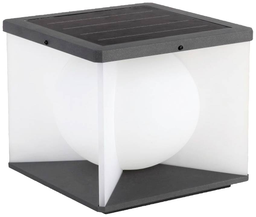Un diffusore da giardino grigio a forma di cubo con schermo opaco e modulo solare integrato sulla parte superiore. Adatto per aree esterne.