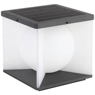 Lampada da esterno cubica con una sfera bianca al centro, bordo nero e pannello solare sulla parte superiore.