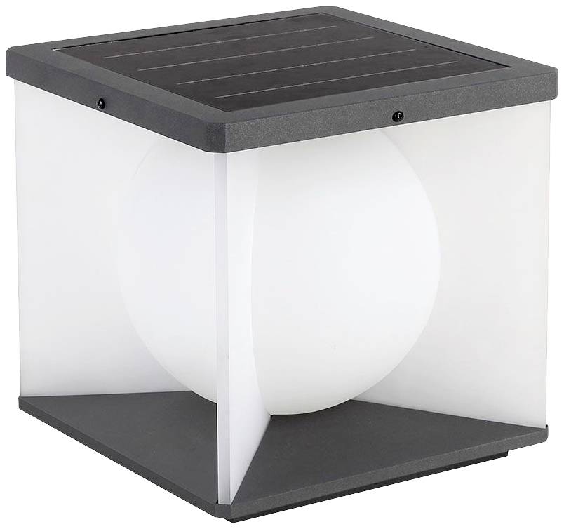 Lampada solare quadrata con lati chiari e bianchi e cornice nera. Superficie superiore con pannello solare. Design minimalista.
