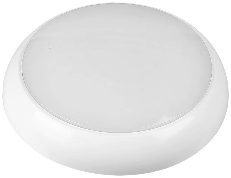 Plafoniera LED bianca, rotonda, con superficie piatta e liscia.