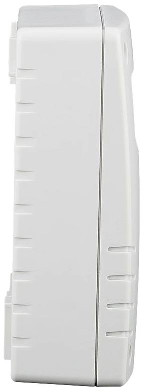 Un dispositivo bianco e rettangolare in plastica con scanalature sui lati, probabilmente un dispositivo elettrico o elettronico.