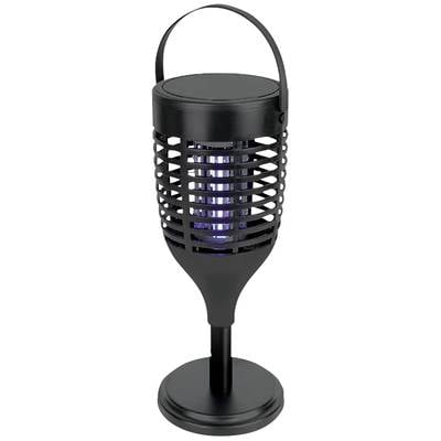 Una trappola elettronica per insetti nera con lampada e griglia, portatile e adatta all'uso esterno.