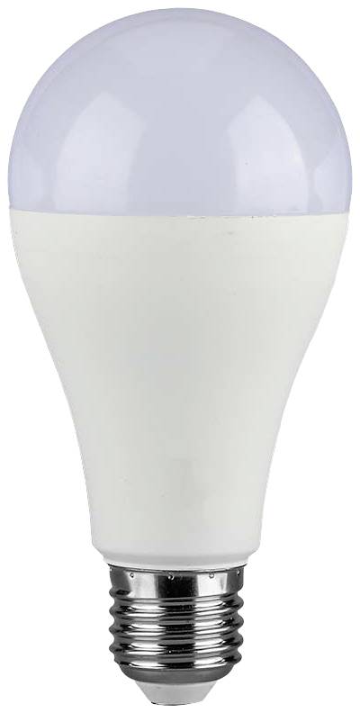 Una lampadina LED bianca con attacco argentato, vista di lato.