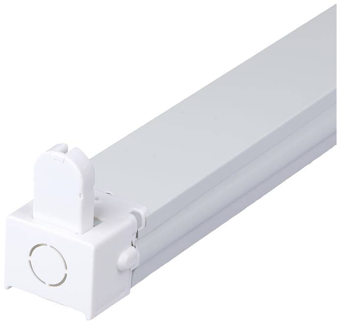 Un involucro rettangolare bianco per armatura luminosa, idoneo al fissaggio di luci LED, con un attacco a innesto su un lato.