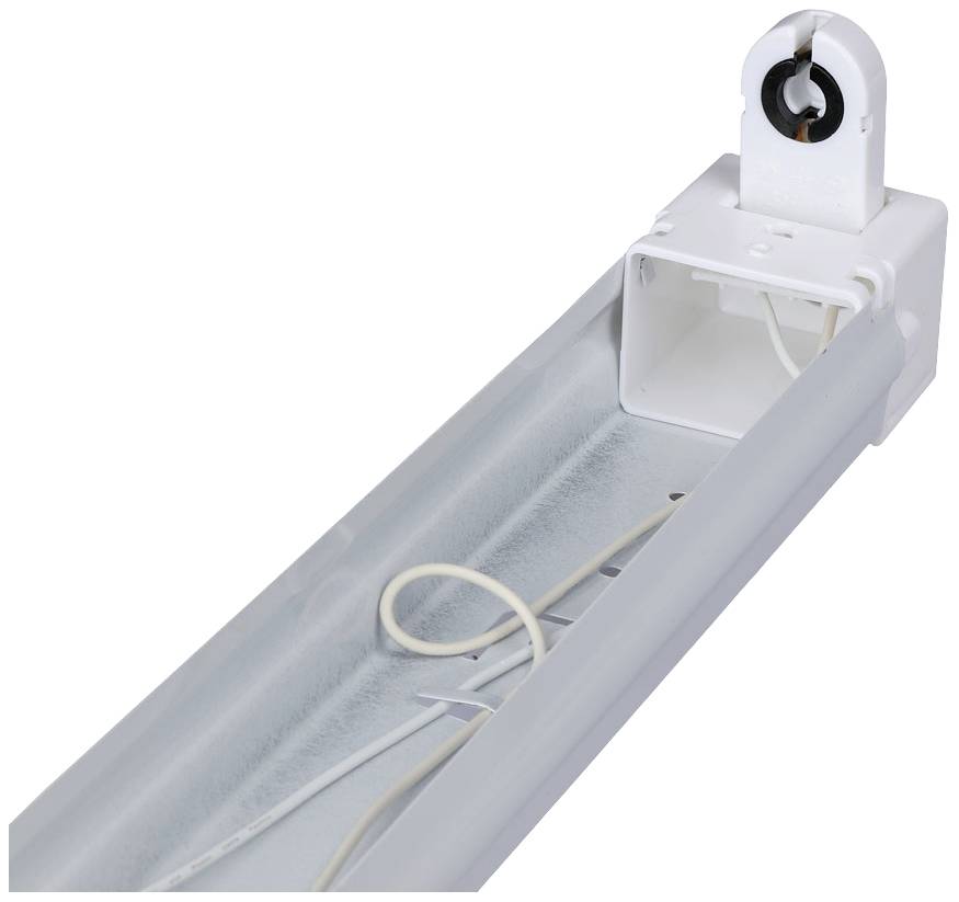 Portalampada per lampade fluorescenti vuoto, rettangolare, bianco, predisposto per l'alloggiamento di tubi fluorescenti, che mostra il cablaggio interno e il supporto.