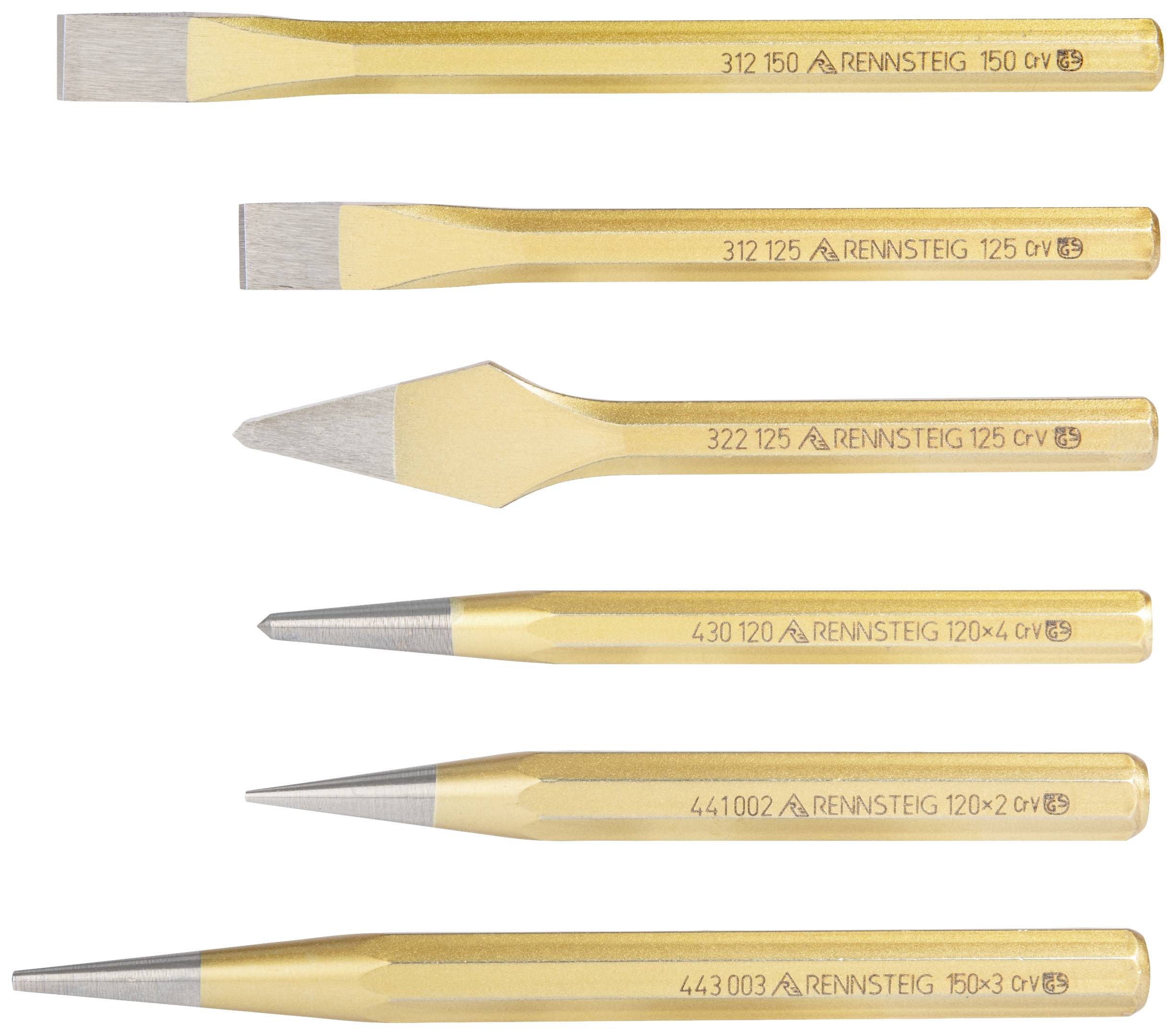 Sei punte di utensili color oro di forme e dimensioni diverse, disposte affiancate, con numeri impressi e logo del marchio.