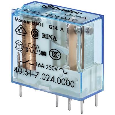 Un relè elettromeccanico blu di Finder con bobina in rame, numero di modello e diverse certificazioni di sicurezza, 16A 250V.