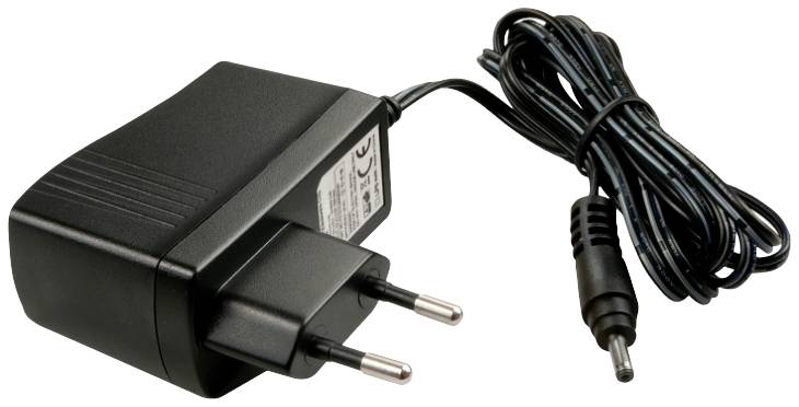 Alimentatore nero con spina europea e cavo lungo, adatto per caricare dispositivi elettronici.