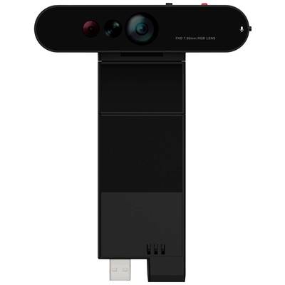 Una webcam nera con connessione USB e multiple lenti, adatta per videochiamate o registrazioni in alta risoluzione.