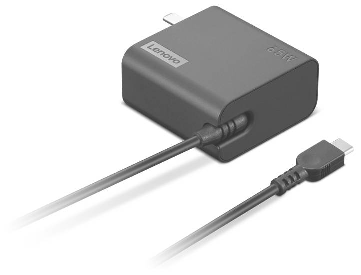 Un alimentatore nero Lenovo da 65 W, con connettore USB-C; adatto per caricare laptop e altri dispositivi.
