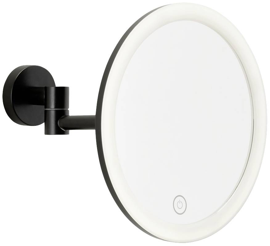 Runder specchio cosmetico da parete con illuminazione LED e interruttore touch sul bordo inferiore. Ideale per l'applicazione del trucco o la rasatura.