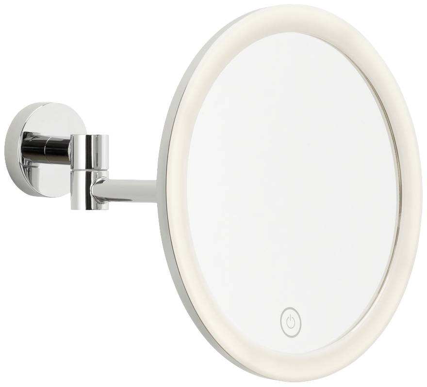 Specchio rotondo illuminato montato a parete, con comandi touch sul bordo inferiore. Principalmente per scopi cosmetici.