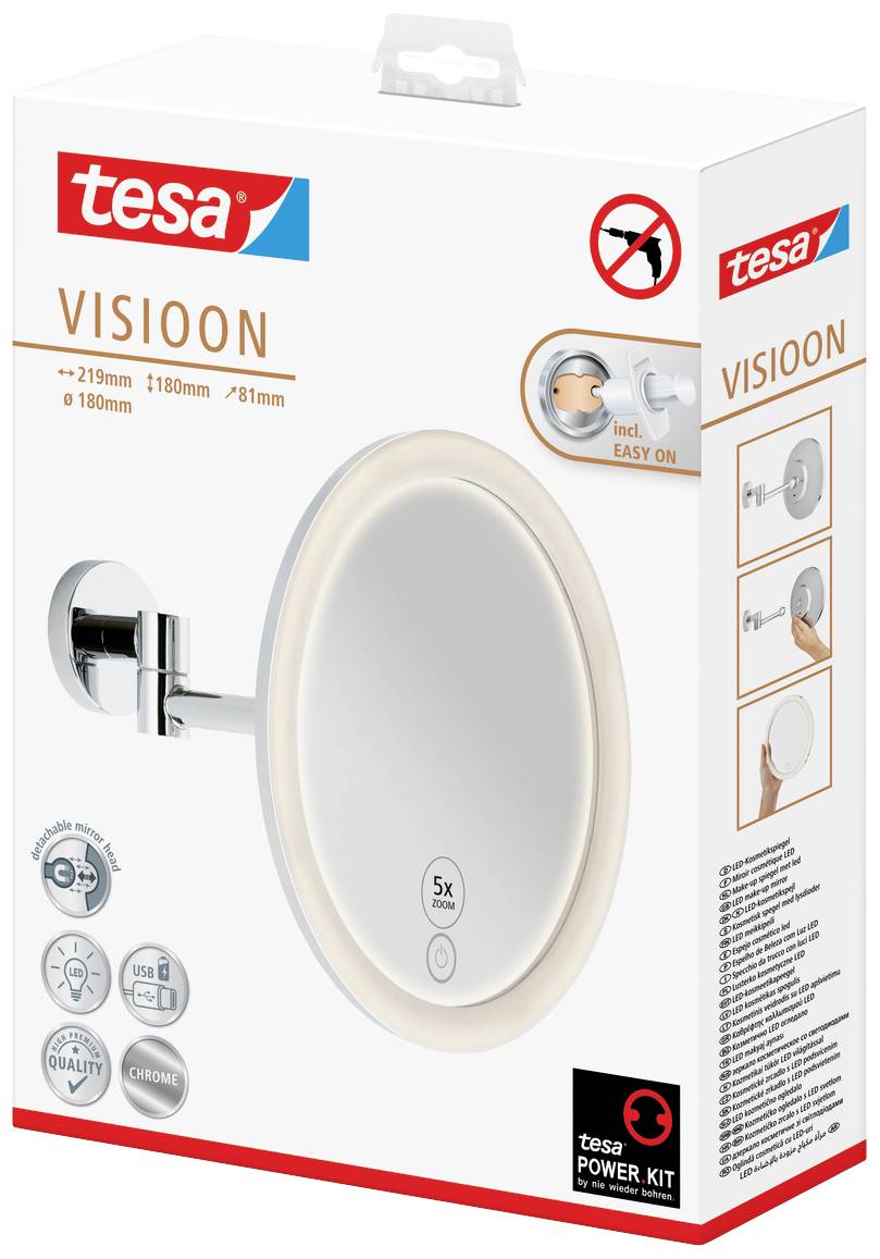 Confezione di uno specchio Tesa VisiooN con illuminazione. Mostra uno specchio rotondo con braccio regolabile, ingrandimento 5x, set di montaggio a parete incluso.