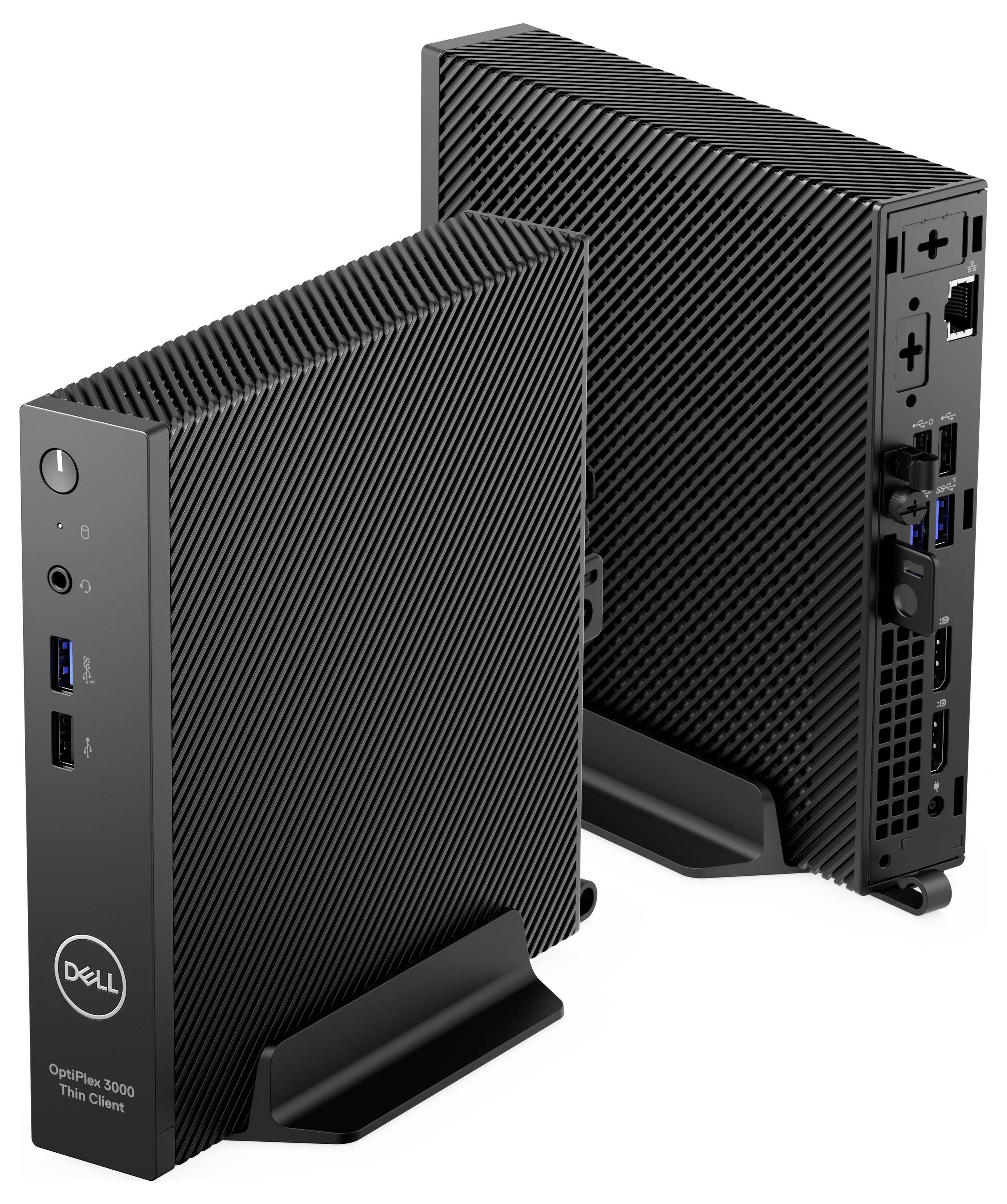 Due Dell OptiPlex 3000 Thin Client neri in posizione verticale, uno accanto all'altro. La vista frontale mostra le porte di connessione; la vista posteriore mostra ulteriori porte.