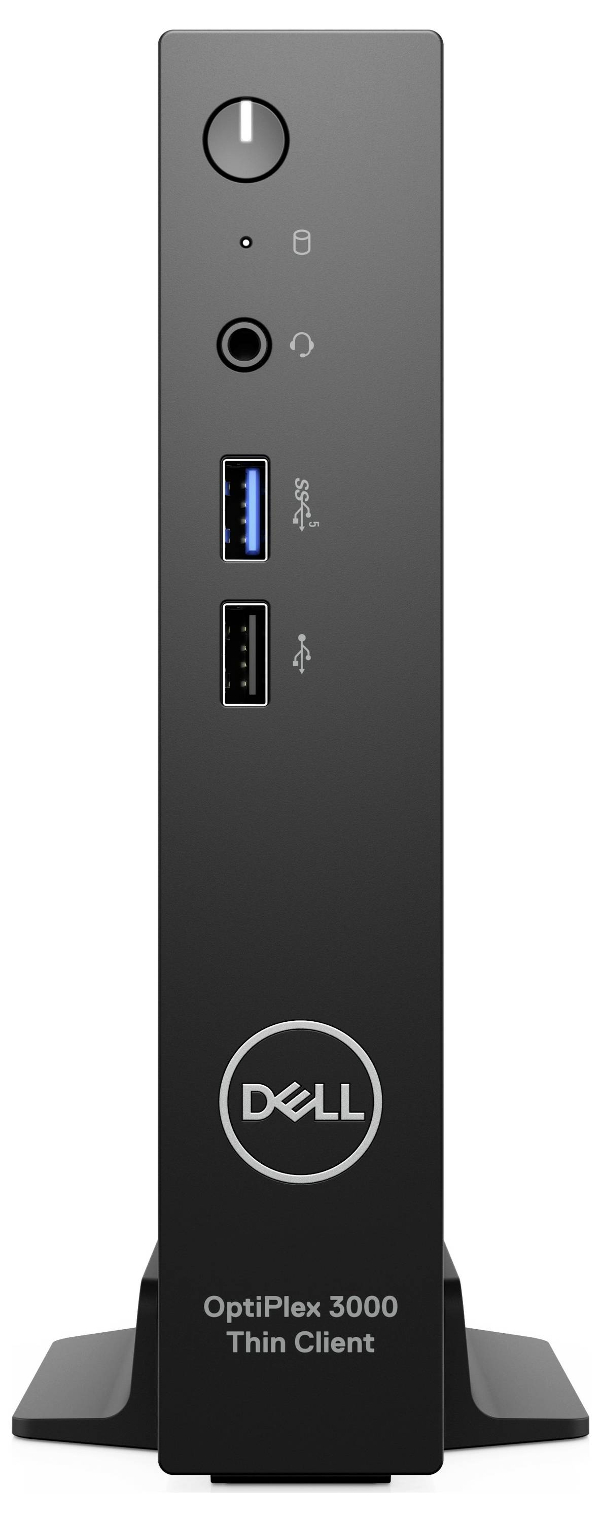Un Dell OptiPlex 3000 Thin Client nero è in posizione verticale. Il lato frontale mostra il pulsante di accensione, la presa audio, due porte USB e il logo Dell.