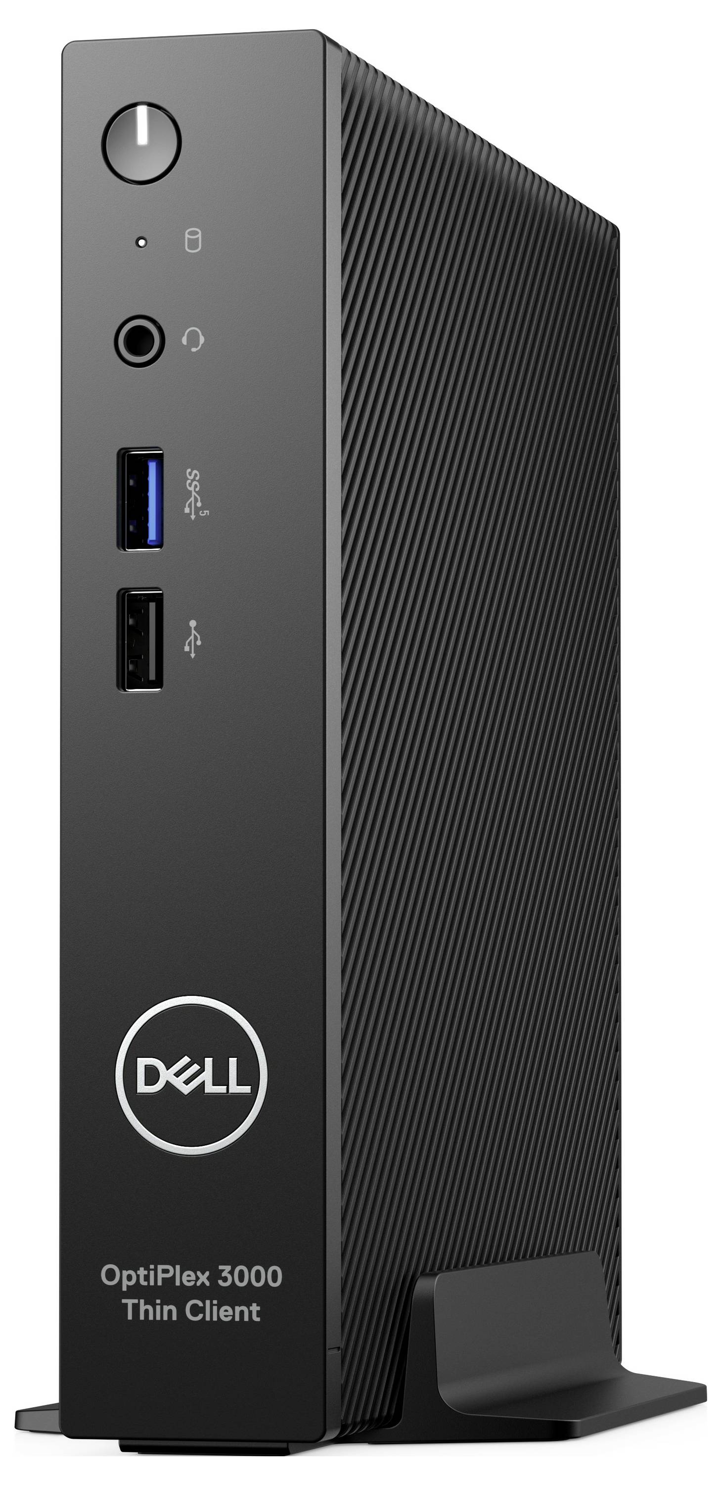 Un Dell OptiPlex 3000 Thin Client nero è posizionato verticalmente su un supporto, con diversi porte USB sul lato frontale.