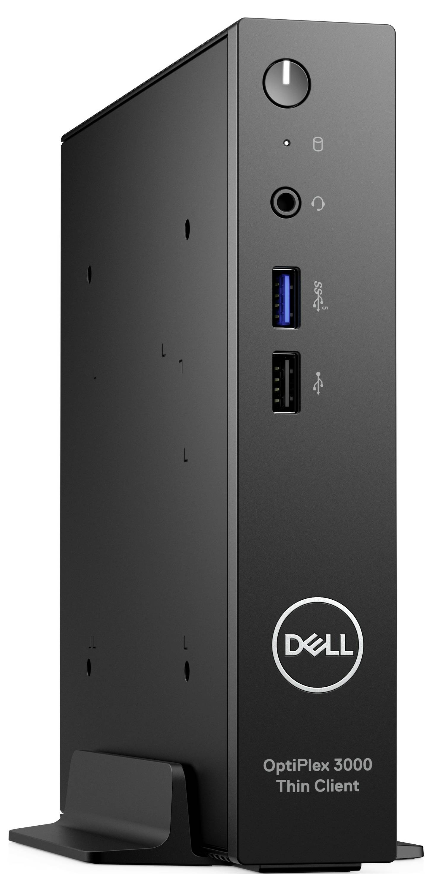 Un Dell OptiPlex 3000 Thin Client nero è in posizione verticale. Sul lato frontale sono presenti porte di connessione e un interruttore di accensione.