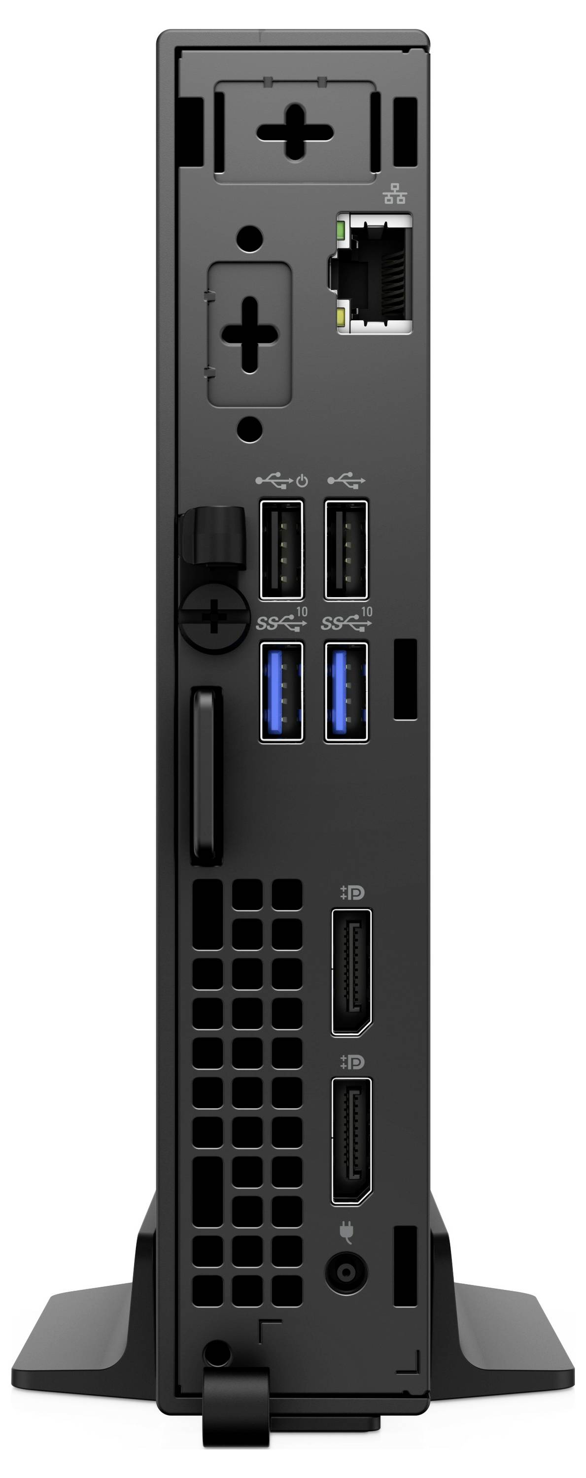 Un tower nero per computer visto da dietro con varie possibilità di connessione, incluse porte Ethernet, USB e display.