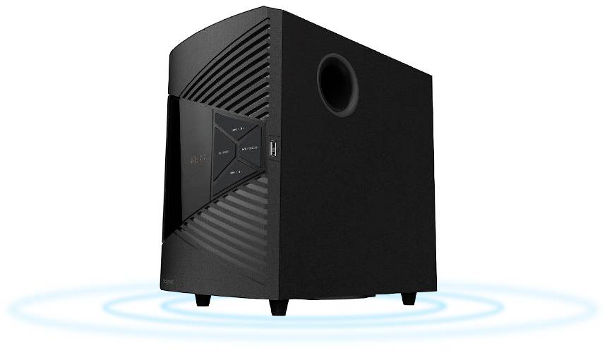 Subwoofer nero con display digitale. Mostra il numero '42.31'. Poggia su piccoli piedini con simbolo di onde sonore sotto.