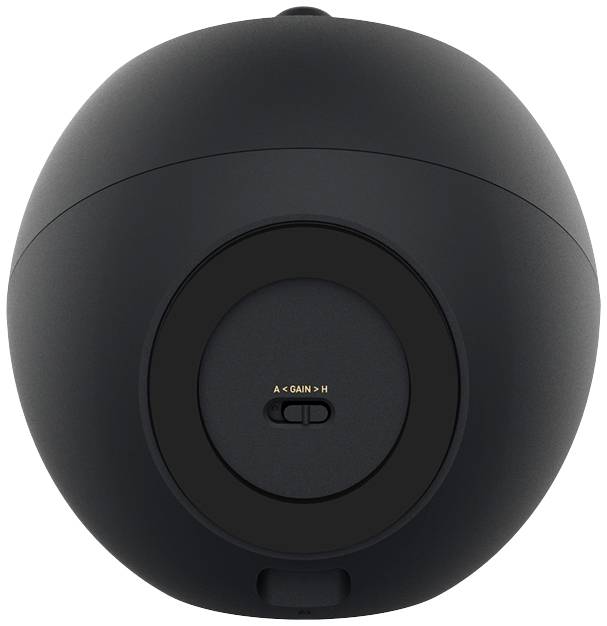 Dispositivo nero, a forma di sfera, con un interruttore e la scritta 'A Gain H' sul retro.