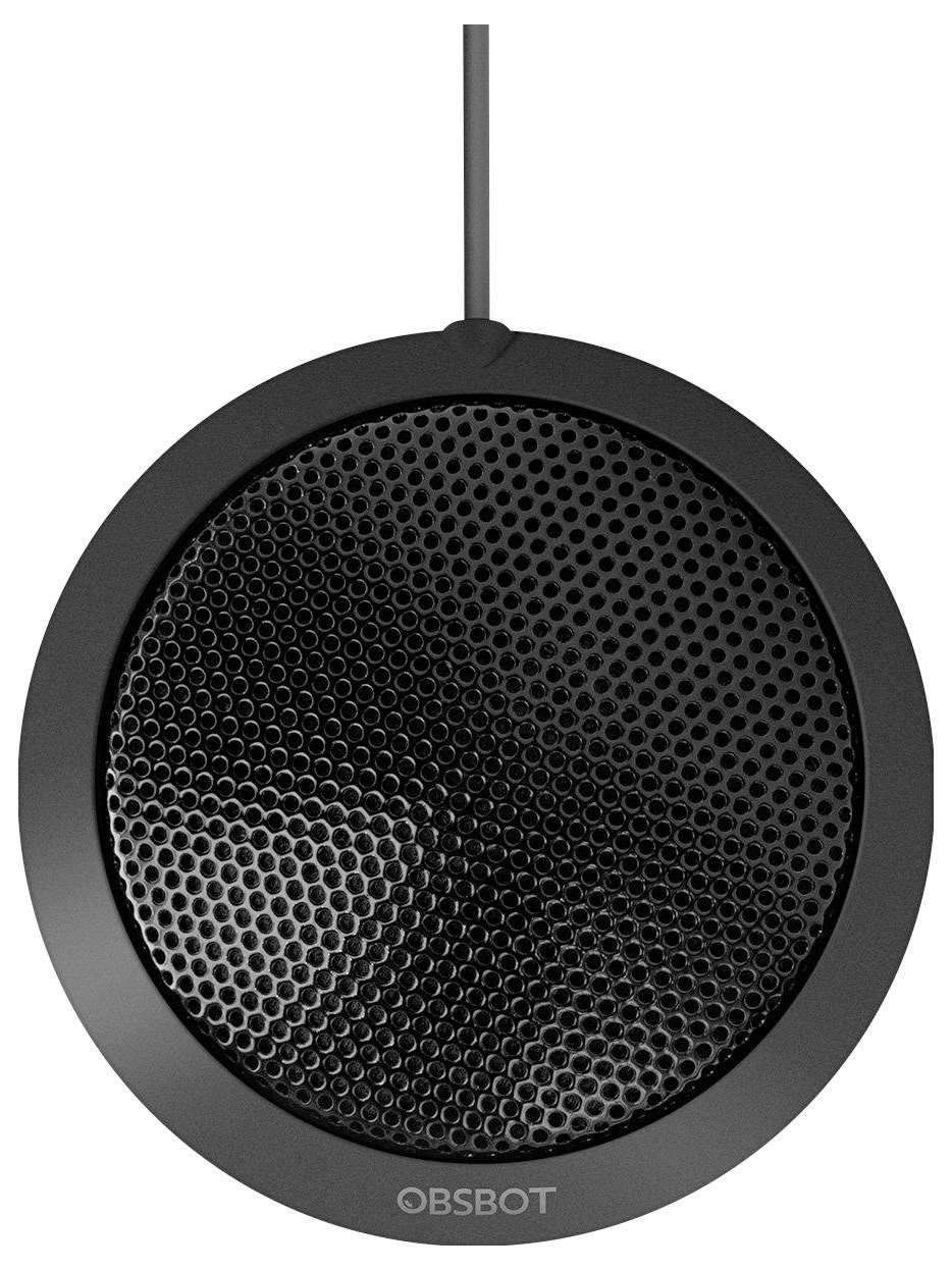 Un microfono nero rotondo con pattern a griglia e cavo in alto.