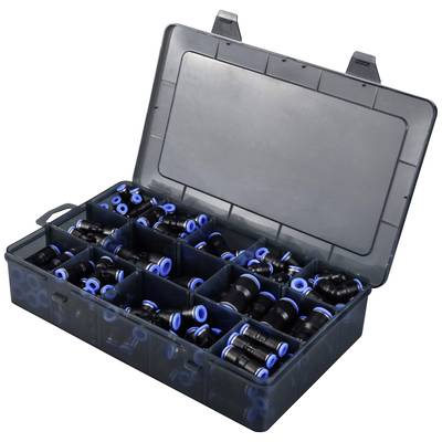 Una scatola di plastica con diversi scomparti, riempita di raccordi per tubi neri con anelli blu, ordinati in varie dimensioni.