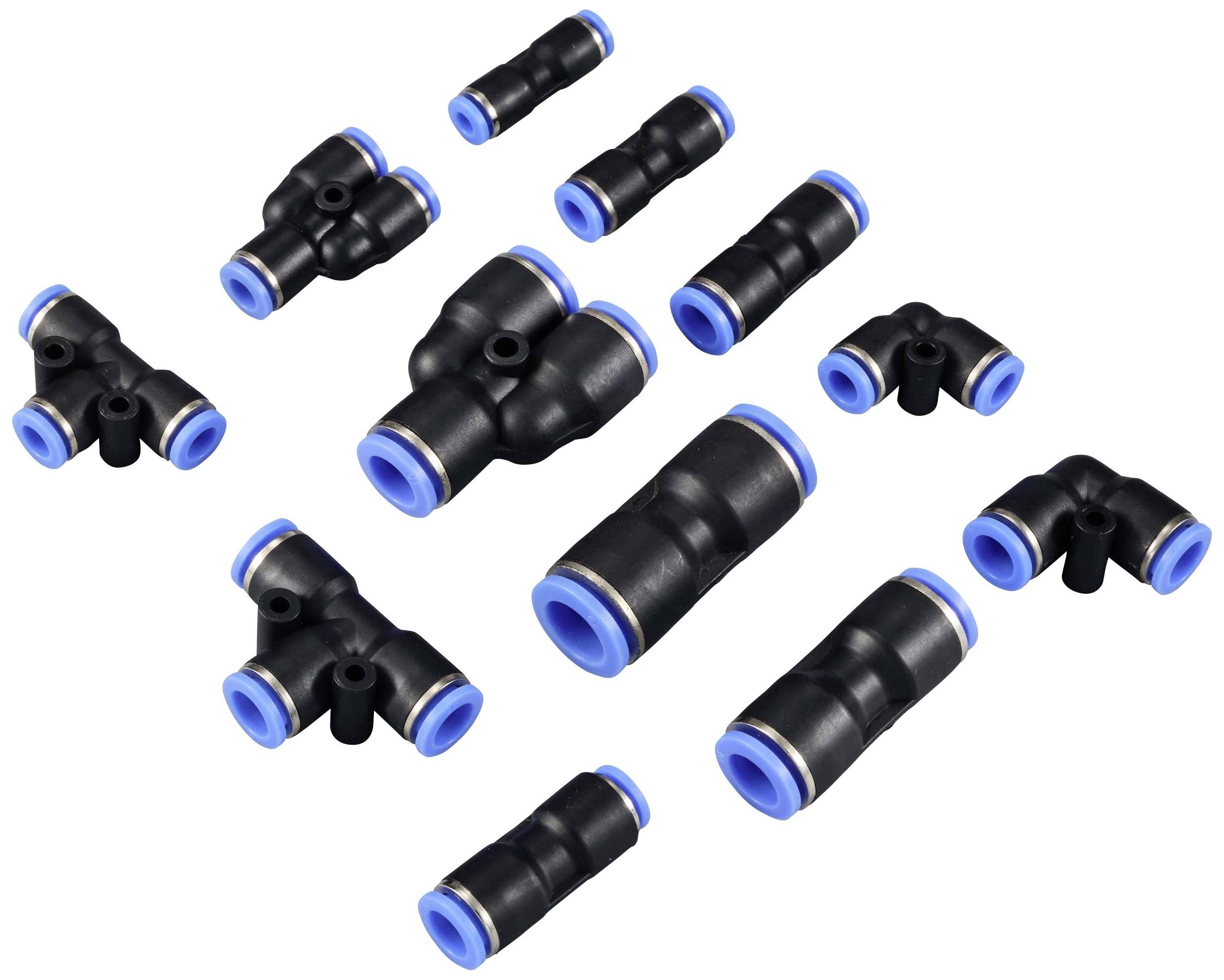 Diversi raccordi per tubi in plastica nera con bordi blu, probabilmente per condutture di aria o acqua.