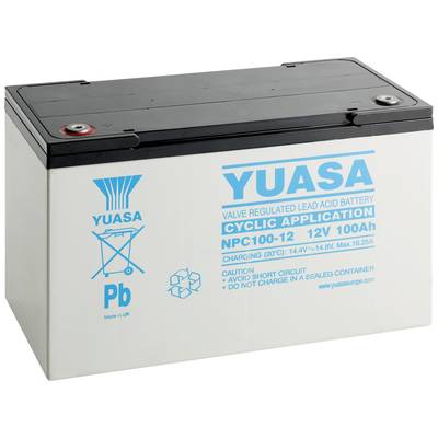 Batteria al piombo-acido Yuasa con scritta 'Cyclic Application', 12V, 100Ah. Adatta per dispositivi con fabbisogno energetico ciclico.