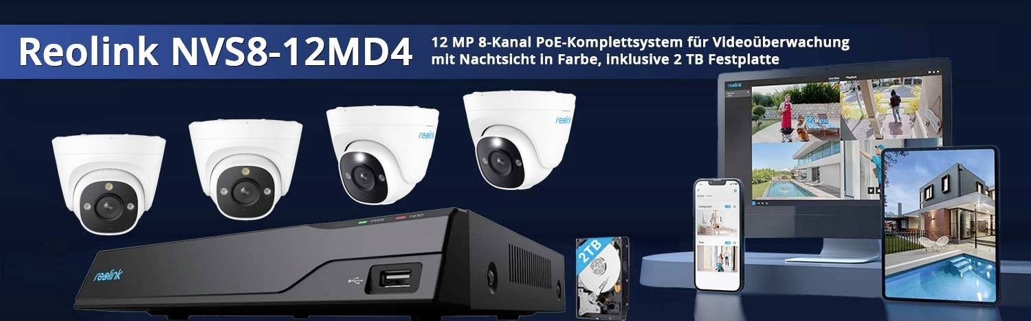 'Reolink NVS8-12MD4 12 MP Sistema PoE a 8 canali per videosorveglianza con visione notturna a colori, incluso hard disk da 2 TB.' Quattro telecamere di sorveglianza e un monitor sono mostrati.