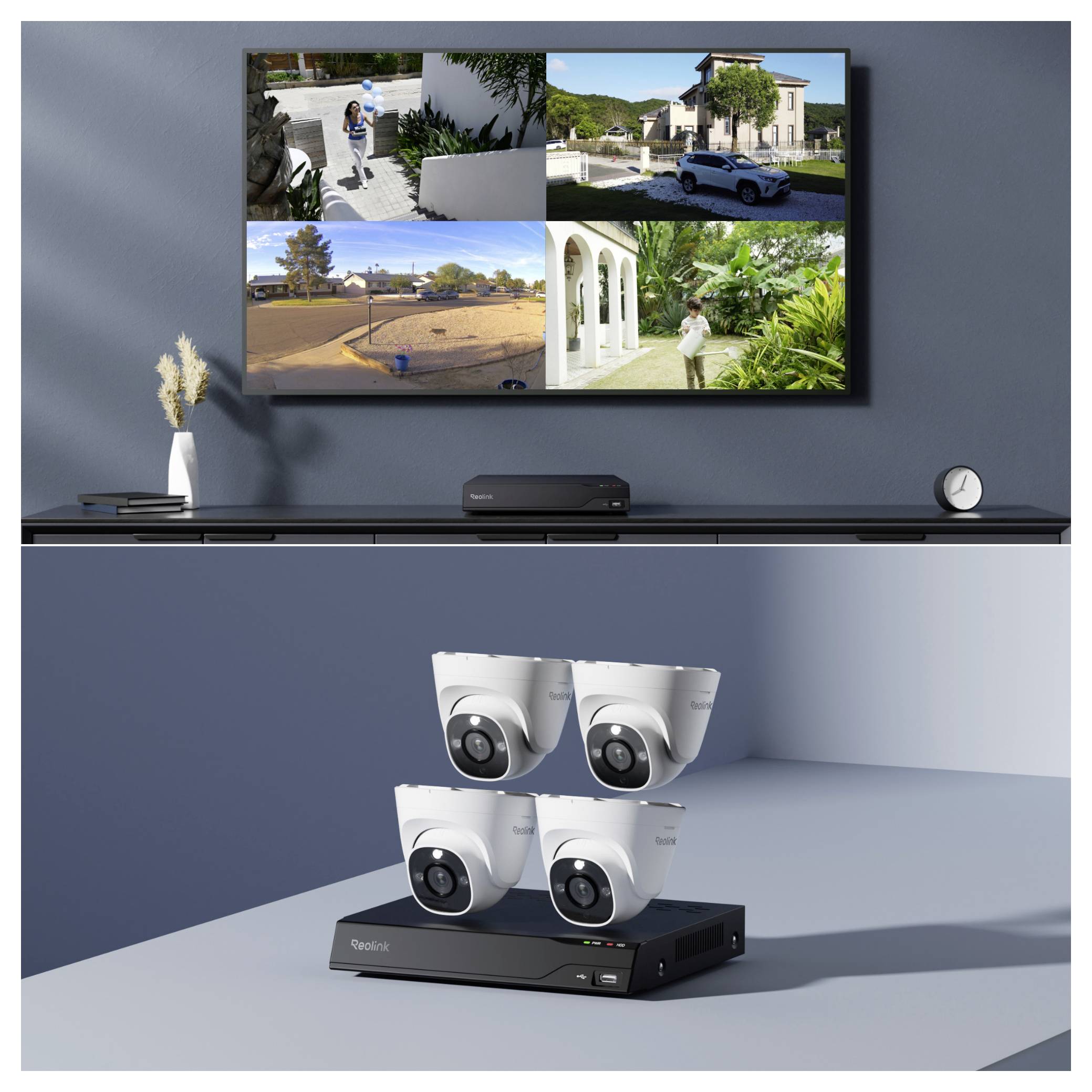 Un sistema di sicurezza domestica visualizzato su un televisore mostra quattro viste delle telecamere esterne. Sotto, un'installazione include un DVR e tre telecamere di sorveglianza.