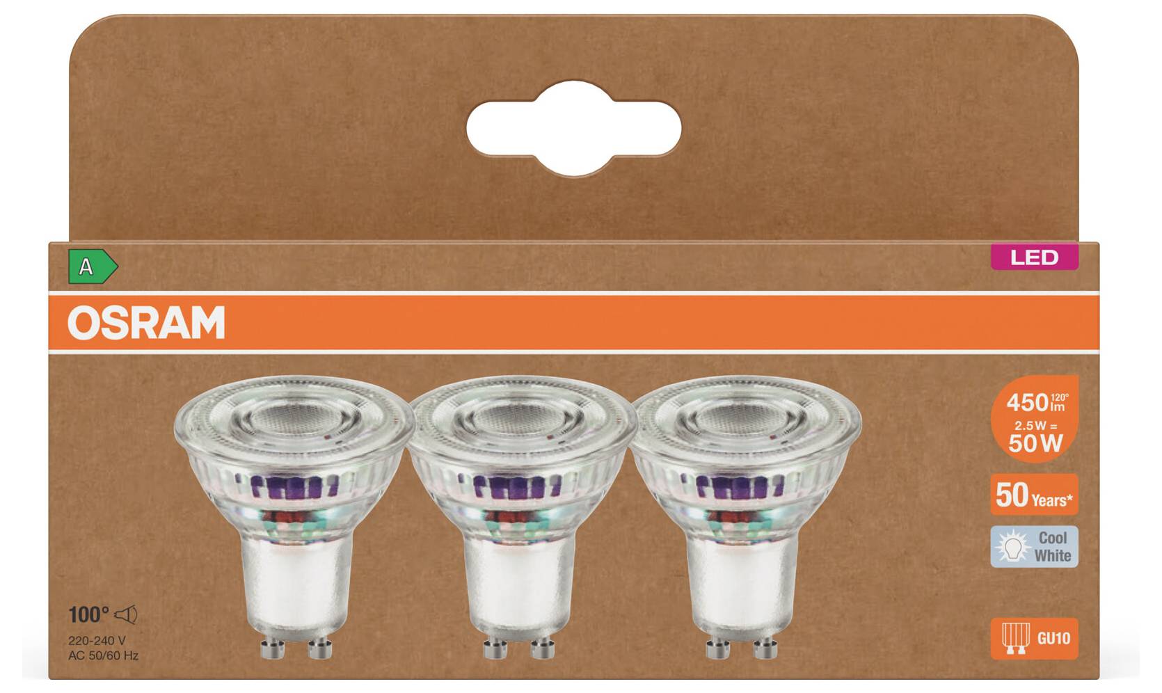 Confezione da 3 lampadine LED OSRAM, faretti GU10 bianco freddo, 450 lumen, 5W, equivalenti a 50W, classe energetica A