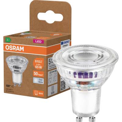 Lampadina spotlight LED OSRAM GU10 in confezione, etichettata 610 lm, 6,5 W, bianco freddo, 50 anni, e angolo di apertura del fascio di 100°.