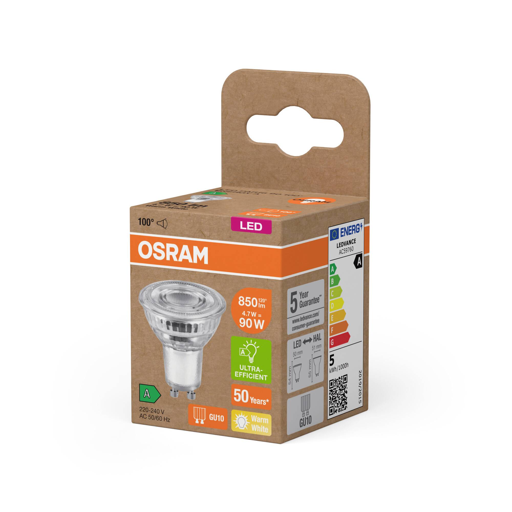 Lampadina LED in confezione con scritte '850lm', '4,1W=90W', 'Luce Calda', '50 anni'. Nome prodotto: OSRAM. A risparmio energetico.