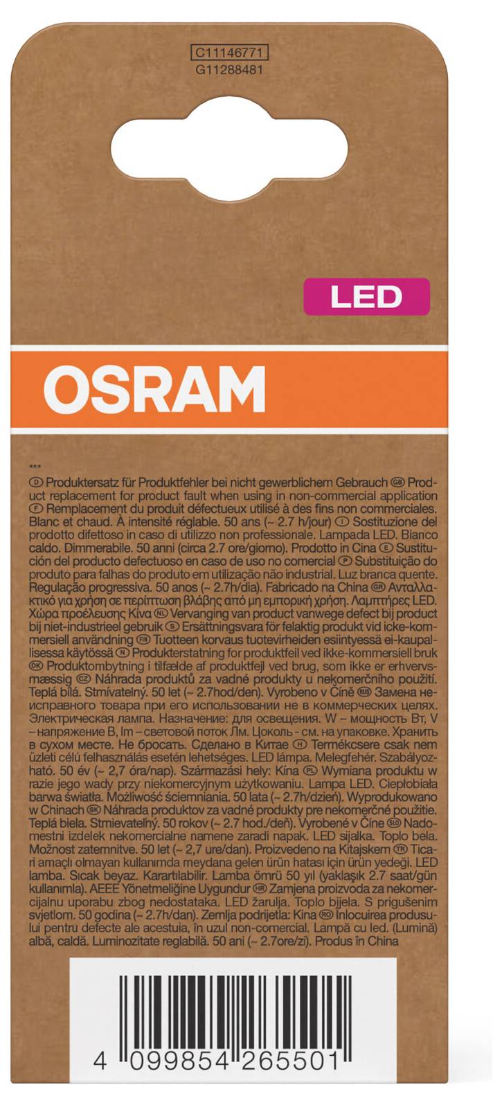 Confezione di vendita al dettaglio di lampadina LED OSRAM in marrone e arancione, con codice a barre e testo informativo del prodotto sul fronte.