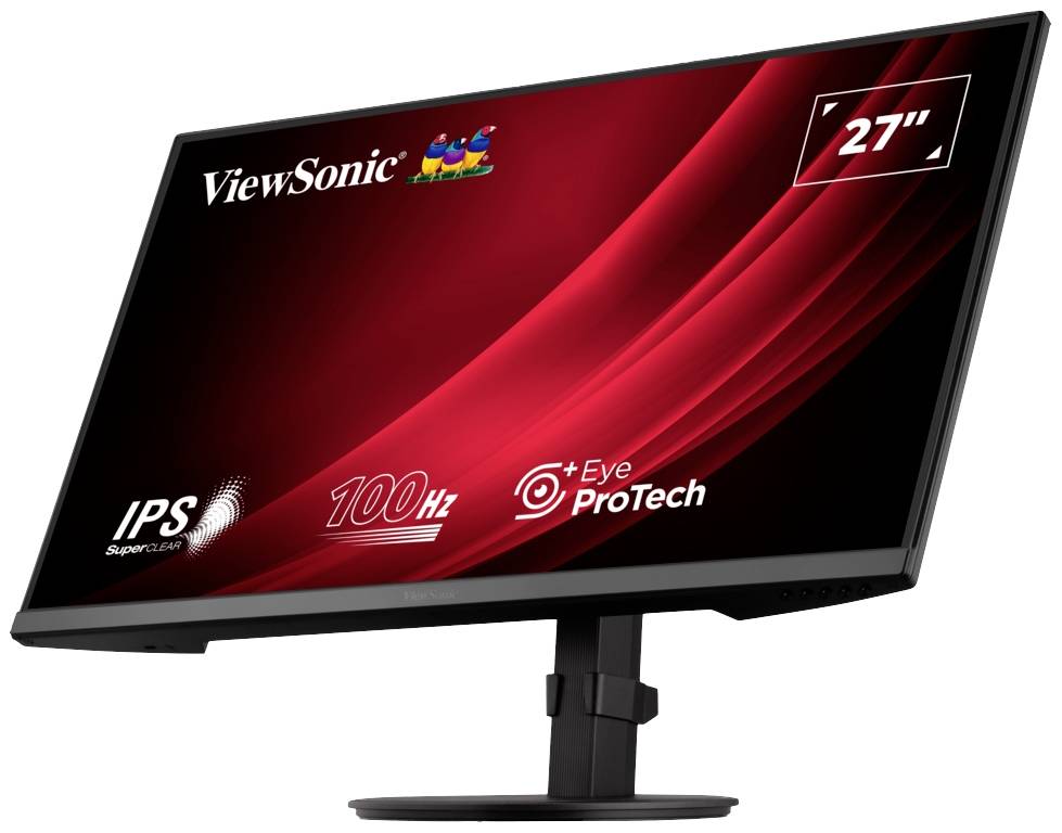 Un monitor nero ViewSonic da 27 pollici, dotato di tecnologia IPS e refresh rate da 100 Hz.