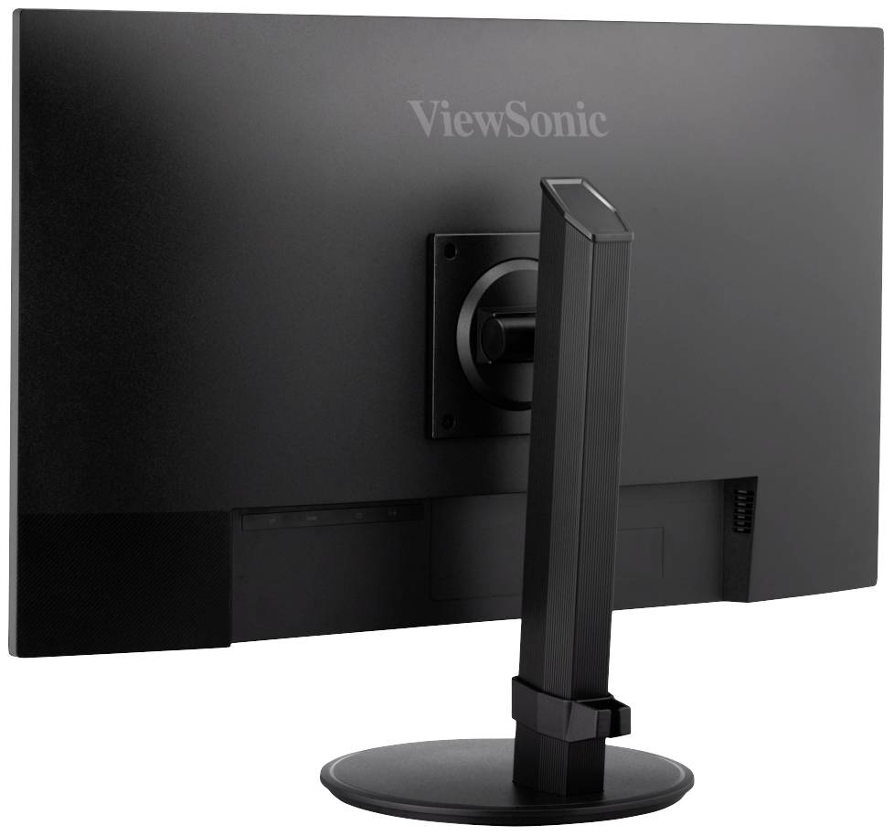 Un monitor nero ViewSonic visto da dietro, con un supporto regolabile e schermo opaco, posto su un tavolo.