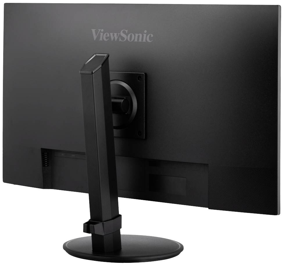 Monitor 'ViewSonic', vista posteriore. Schermo nero con base regolabile, senza visualizzazione di contenuti.