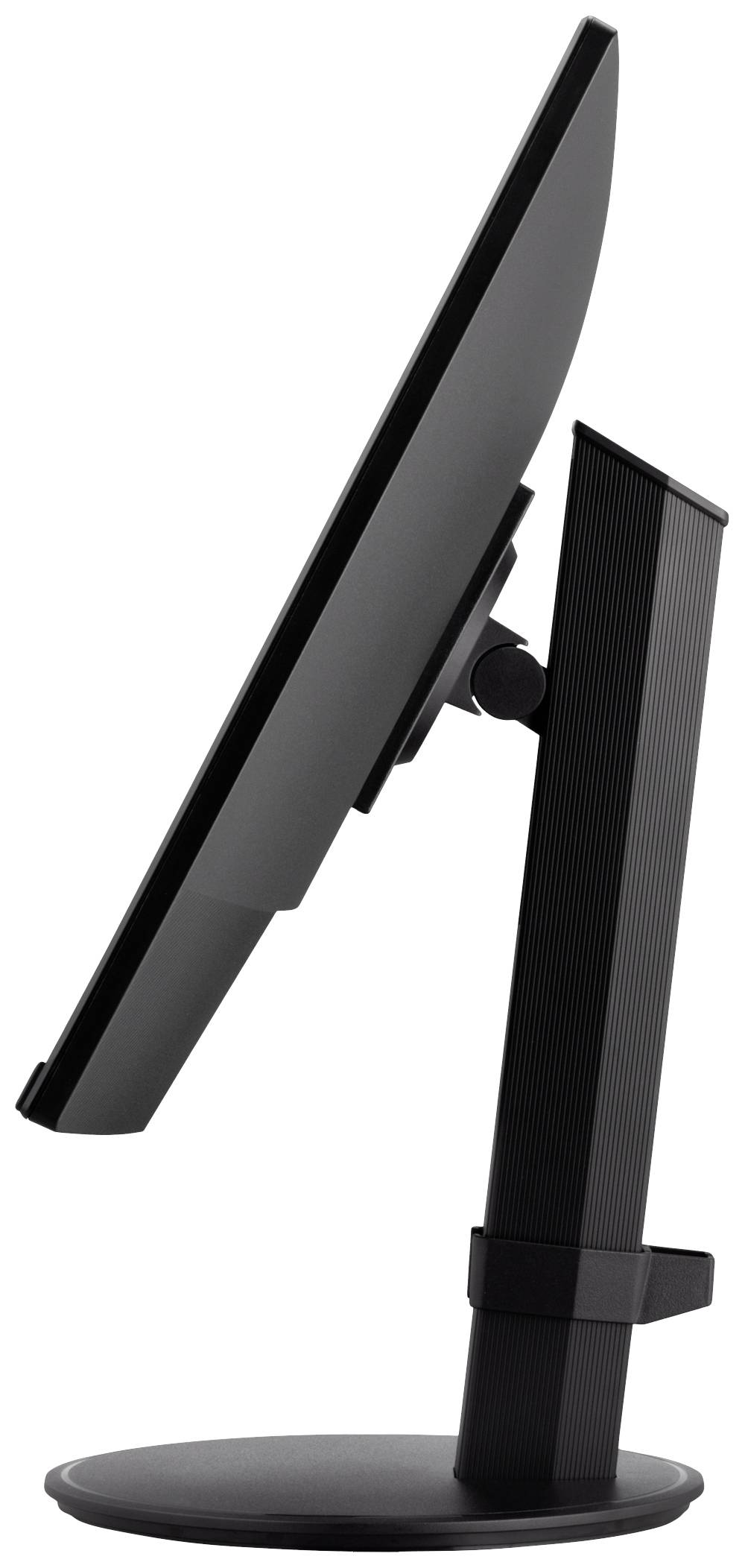 Vista laterale di un monitor nero per computer con supporto regolabile in altezza.