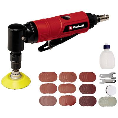 Einhell smerigliatrice angolare pneumatica con set di accessori corrispondente, inclusi dischi abrasivi di varie granulazioni e utensili.