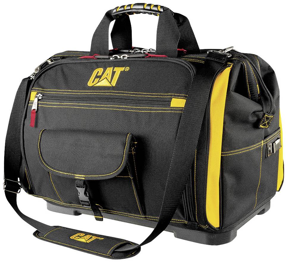 Borsa porta attrezzi nera con accenti gialli e logo 'CAT', dotata di diversi scomparti e tracolla, design robusto per lavori edili.