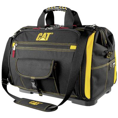 Borsa porta attrezzi nera con accenti gialli e logo 'CAT', dotata di diversi scomparti e tracolla, design robusto per lavori edili.