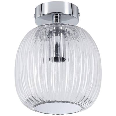 Lampada da soffitto sferica con vetro scanalato trasparente e montatura cromata, adatta per un'illuminazione elegante e raffinata degli ambienti.