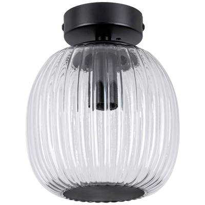 Un lampadario nero con una cupola in vetro scanalato.